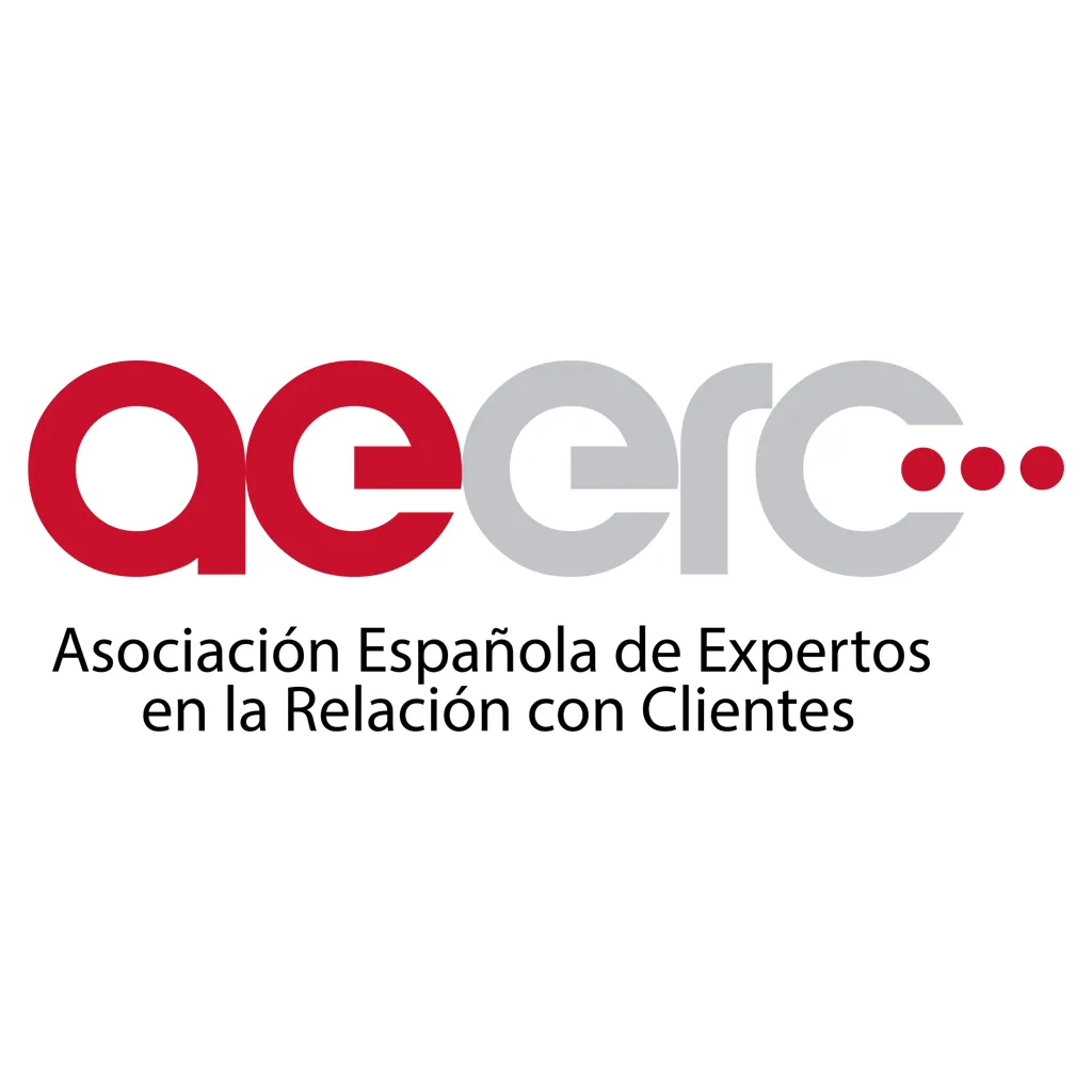Logotipo oficial de la AEERC con las letras "ae" en rojo, "erc" en gris, tres puntos rojos a la derecha y el texto inferior "Asociación Española de Expertos en la Relación con Clientes" sobre fondo blanco.