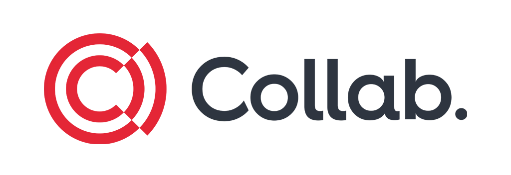 Logo de la empresa Collab con un símbolo circular rojo y texto en gris oscuro sobre fondo blanco.