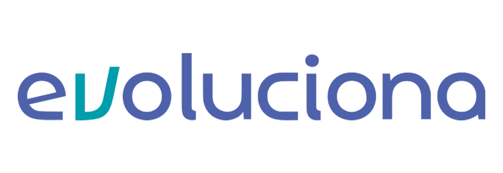 Logotipo de la marca Evoluciona escrito completamente en letras minúsculas sobre fondo blanco, donde predomina un tono azul medio en toda la tipografía sans-serif, excepto en la letra "v", que aparece estilizada con un color turquesa brillante.