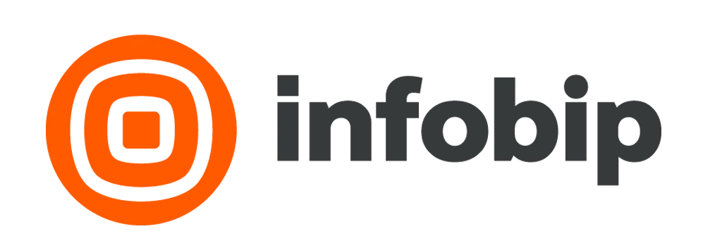 Logotipo oficial de la empresa Infobip con un isotipo a la izquierda compuesto por círculos y cuadrados concéntricos de esquinas redondeadas en color naranja vibrante y blanco, seguido a la derecha por la palabra "infobip" escrita completamente en letras minúsculas de color gris oscuro, sobre fondo blanco.