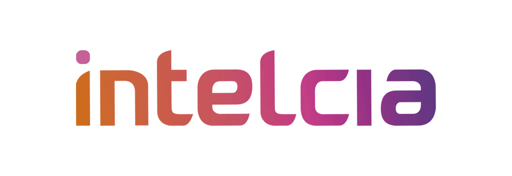 Logotipo de Intelcia con degradado de colores de naranja a morado sobre fondo blanco.