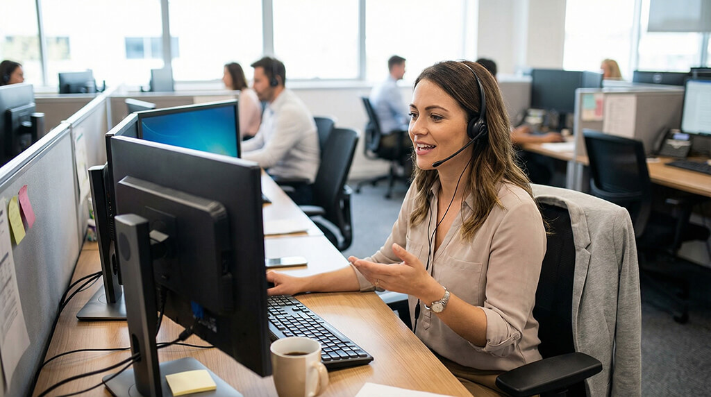 Mujer en oficina con auriculares para la noticia de Gocontact y Microsoft.